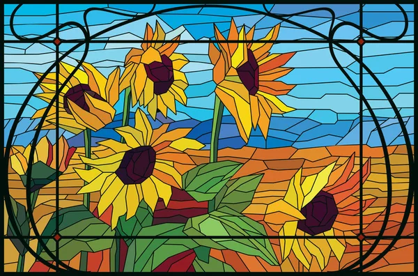 Buntglasfenster Mit Gitter Moderne Sonnenblumen Auf Dem Feld Vektorgrafik — Stockvektor