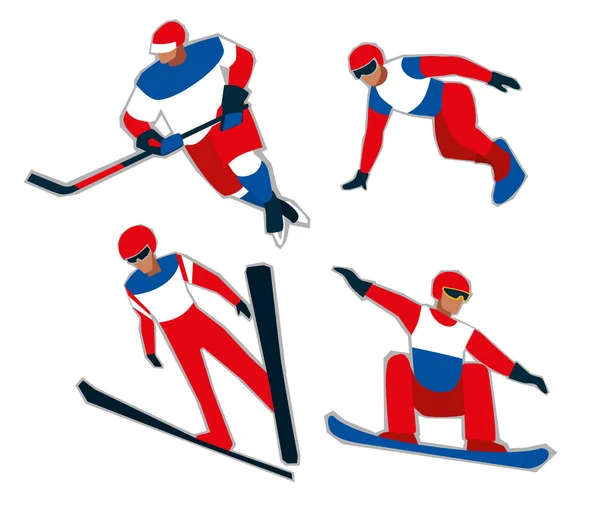 Set of winter sports figures. Red-blue-white sports uniform. Vector graphics