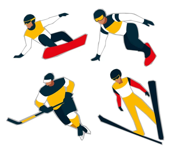 Set Van Wintersporten Cijfers Geel Zwart Wit Sportkleding Vectorafbeeldingen — Stockvector