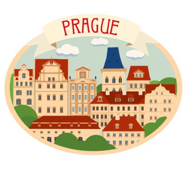 Oval etiket Prag. Dekoratif eski Avrupa evleri. Vektör grafikleri