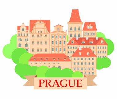 Turist Prag. Eski şehir. Vintage dekoratif ev sahipliği yapmaktadır. Bej renkli duvar ve döşeme turuncu çatı. Eski Avrupa görüntüsü. Vektör grafikleri