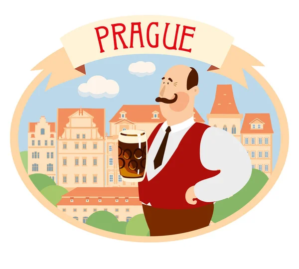 Oval Sticker Prague Solid Man Glass Czech Beer Background Old — Stock Vector