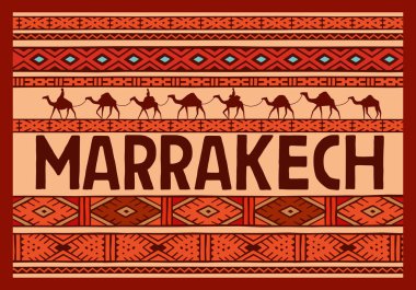 Turist Marrakesh etiket. Ulusal halı, süsleme ve deve kervan. Vektör grafikleri