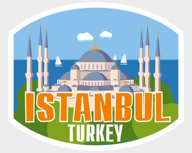 Turist etiket istanbul. Katedral deniz arka plan üzerinde. Vektör grafikleri