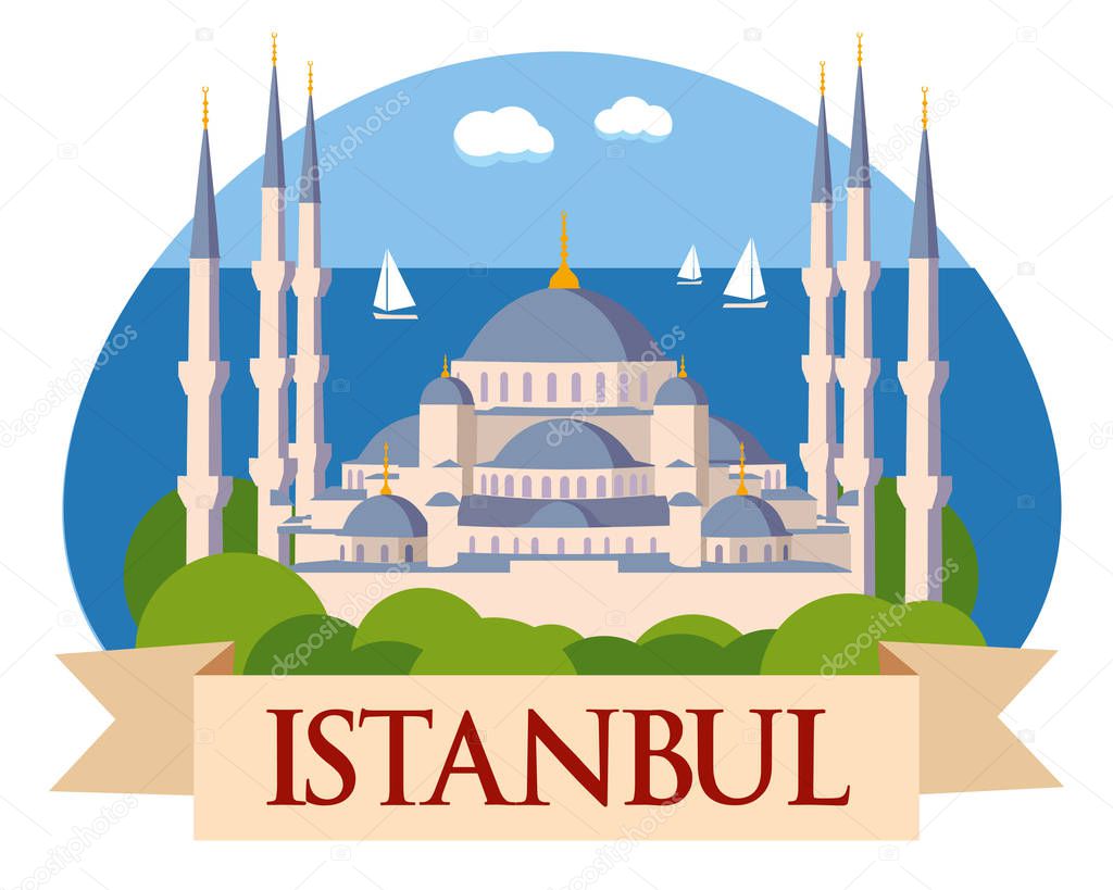 Tourist picture Istanbul. Old Cathedral on the background of the sea. Vector graphics
