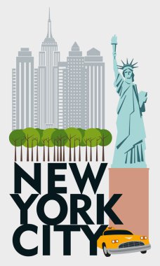 Tasarımcı Poster New York. Callage gökdelenler, Central Park, taksi, Özgürlük Anıtı. Vektör çizim