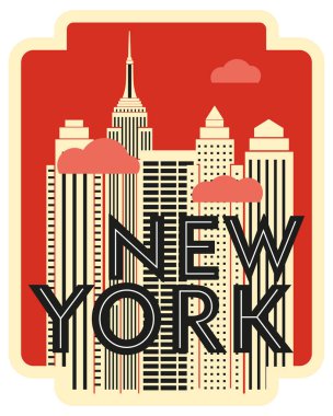 Retro Tasarım poster New York. Gökdelenler ve bulutlar. Vektör çizim