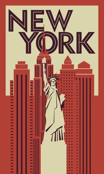 Retro poster New York. Özgürlük heykeli gökdelenler arka planda. Vektör çizim