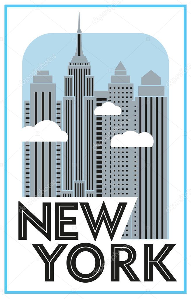 Tourist poster New York. Retro grafica. Skyscrapers and clouds. Vector drawing