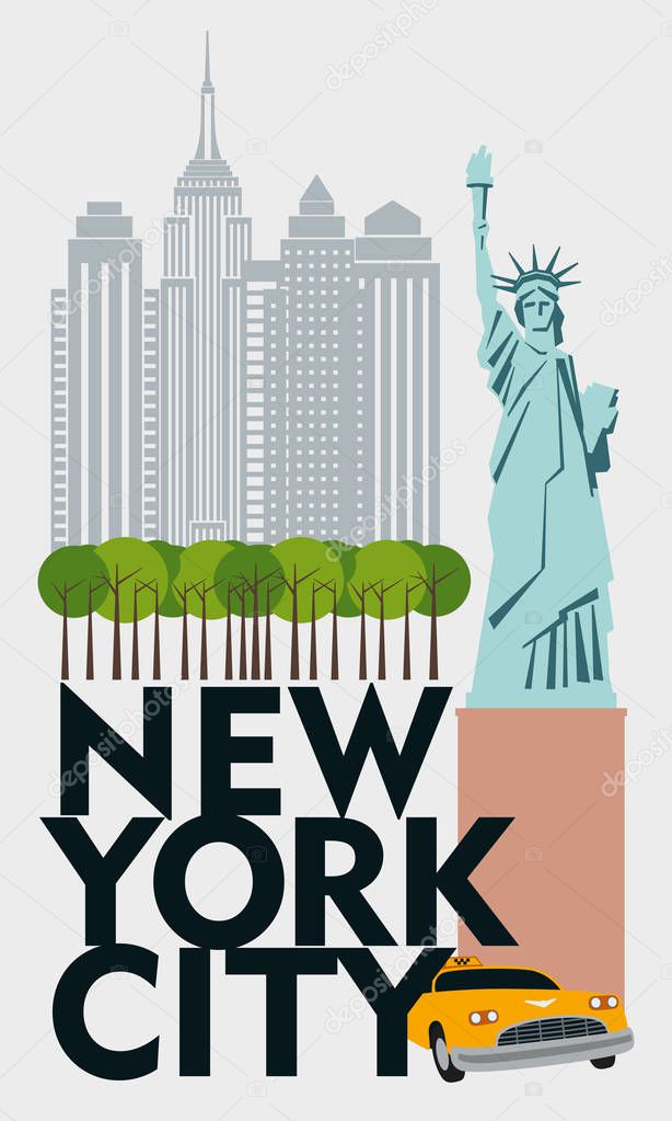 Designer Poster New York. Callage skyscrapers, Central Park, taxi, Statue of Liberty. Vector drawing