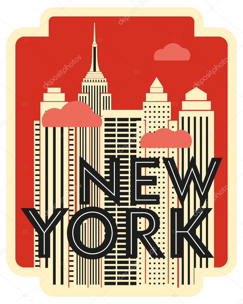 Retro design poster New York. Skyscrapers and clouds. Vector drawing