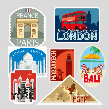 Bir dizi çeşitli turistik tebrik kartları. Dünya kentleri. Vektör çizim