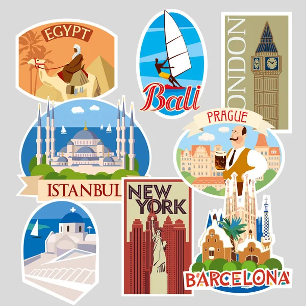 Seyahat Çıkartmaları Kartları Kümesi Farklı Ülkeler Şehirler Vektör Çizim — Stok Vektör