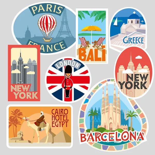 Pegatinas Viaje Varias Ciudades Resorts Del Mundo Ilustración Vectorial — Vector de stock