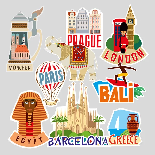 Conjunto Adesivos Viagem Diferentes Países Cidades Ilustração Vetorial — Vetor de Stock