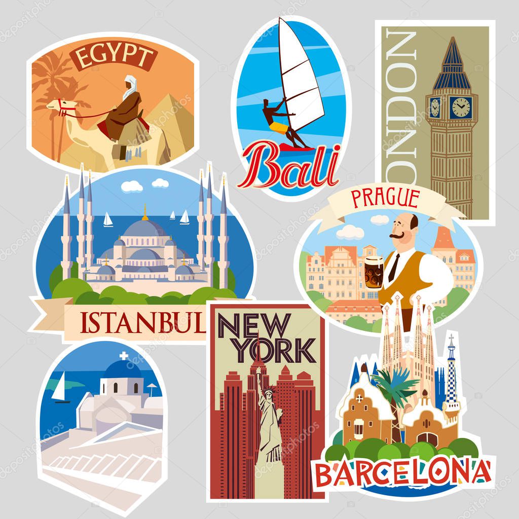 Set of travel stickers and cards. Different countries and cities. Vector illustration
