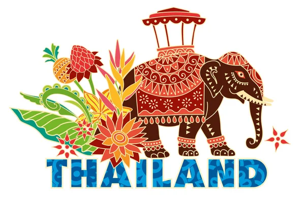 Etiqueta Turística Tailândia Elefante Decorativo Flores Estilizadas Desenho Vetorial — Vetor de Stock