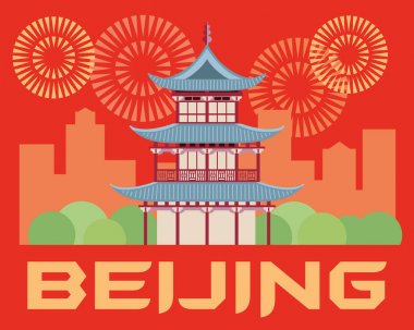 Turist etiketi Pekin. Şehrin siluetve havai fişek arka planda Çin tapınağı. Vektör grafikleri