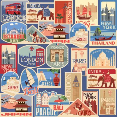 Seyahat retro etiket ve kartları kümesi. Farklı ülkeler ve şehirler. Vektör renkli grafikler