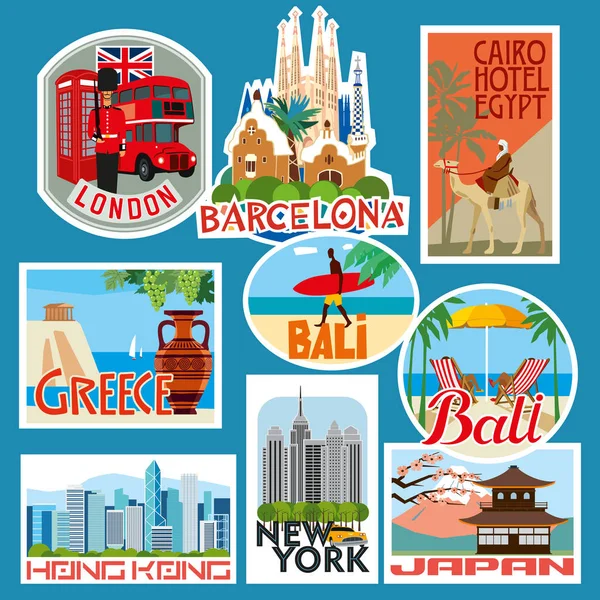 Set Travel Stickers Countries Asia Europe Africa Vector Color Graphics — Stock Vector