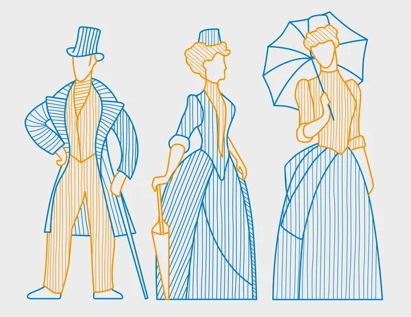 19. yüzyılın kıyafetleri içinde kadın ve dzhenmen lineer figürler. Sokak figürleri için çerçeve. Vektör grafikleri