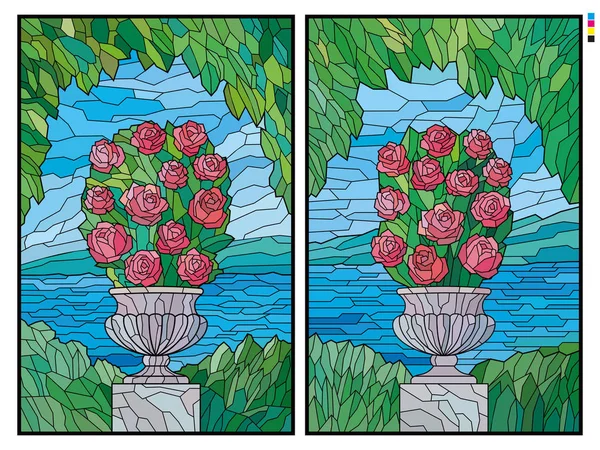 Gebrandschilderd Glas Rosebush Een Bloempot Achtergrond Van Zee Vectorafbeeldingen — Stockvector