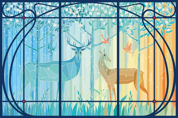 アールヌーボーフレームの春の森の鹿のステンドグラスペア ベクトルグラフィックス — ストックベクタ