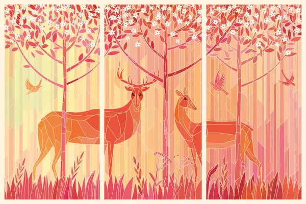 분홍색 숲에서 사슴과 스테인드 글라스 그래픽 — 스톡 벡터