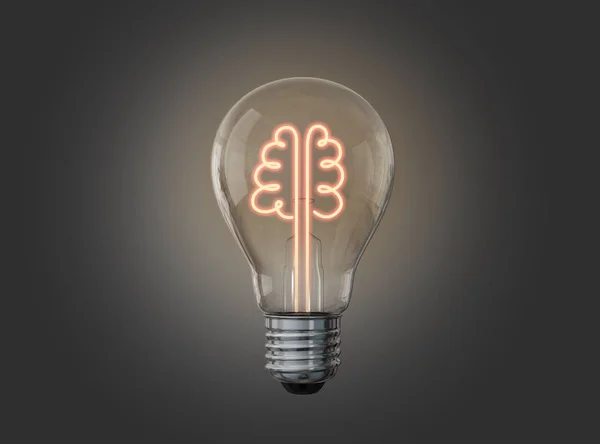 The linear brain glows inside the bulb. 3D image on gray background