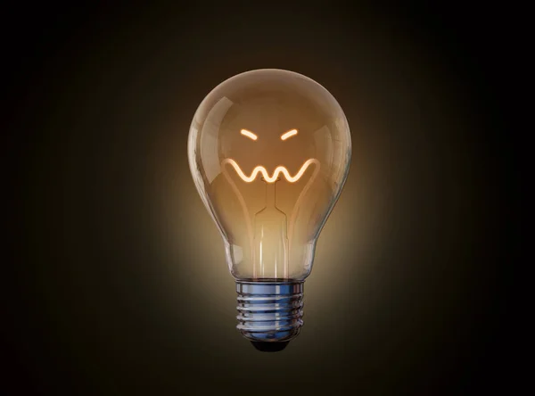 The light bulb squinted and smiles ominously. 3D image on a dark background
