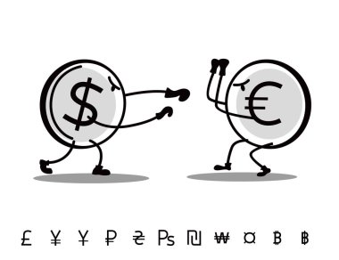 Eğlenceli para birimleri birbirleriyle savaşıyor. Dolar Euro'ya saldırıyor. Vektör çizgisi resmi
