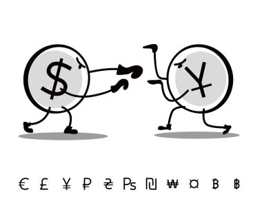 Eğlenceli para birimleri birbirleriyle savaşıyor. Dolar Yuan'a saldırıyor. Vektör çizgisi resmi