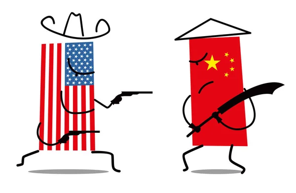 ABD ve Çin bayrakları arasındaki kavga. Kovboy Tabancalar geleneksel kılıç vs. Eğlenceli minimalist grafikler