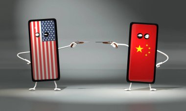 3d illüstrasyon Amerikan ve Çin telefonu arasında tabanca üzerinde düello. 3d komik modelleme