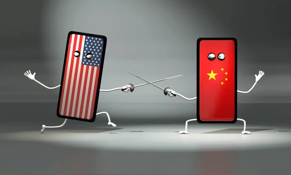 Illustratie Duel Tussen Amerikaanse Chinese Telefoon Duel Met Zwaarden Grappig — Stockfoto