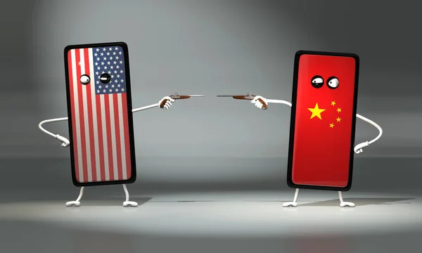 3Dイラスト アメリカと中国の電話の間のピストルの決闘 3D面白いモデリング — ストック写真