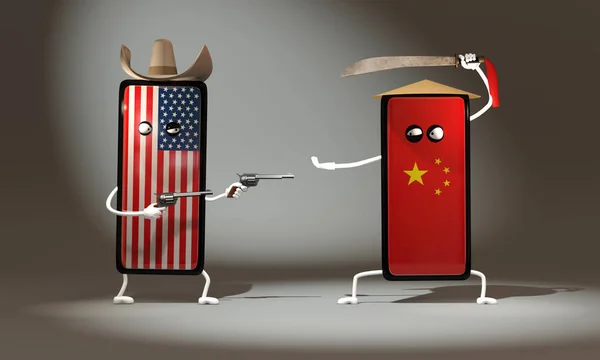 3Dイラスト アメリカと中国の電話の戦い カウボーイリボルバー対伝統的な剣 3D面白いモデリング — ストック写真