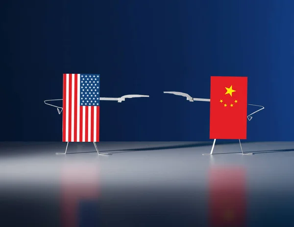 Duel on pistols between the flags of the USA and China. Concept of economic war