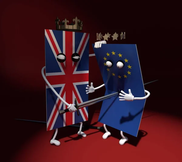 3d illustration. The flag of Great Britain treacherously attacked the flag of Europe and struck with a sword. Treacherous blow. 3d funny modeling