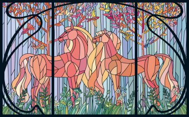 Stained glass horses of color patches in the frame of Art Nouveau style. Imitation colored glass clipart