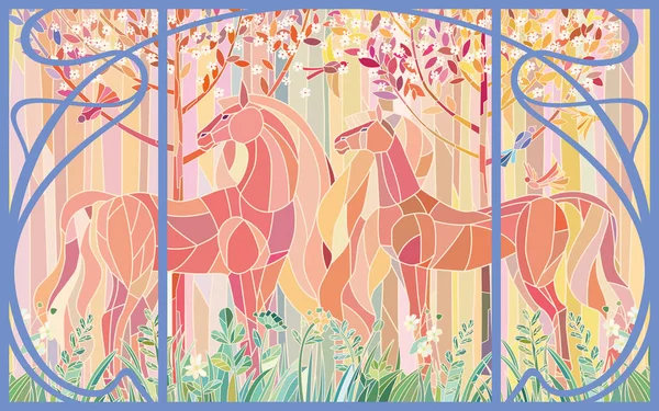 Stained Glass Horses Color Patches Frame Art Nouveau Style Delicate — Stock Vector