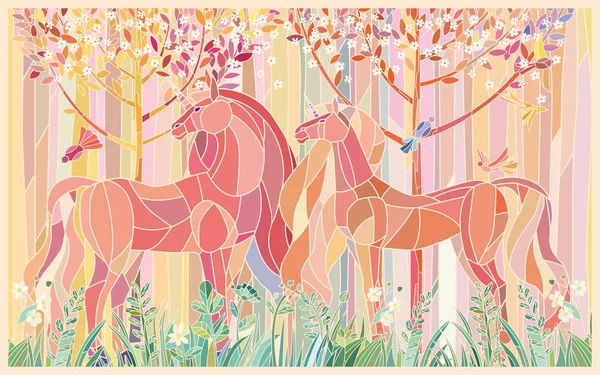 Пятнистые Стеклянные Лошади Единороги Розово Зеленых Цветах Имитация Цветного Стекла — стоковый вектор