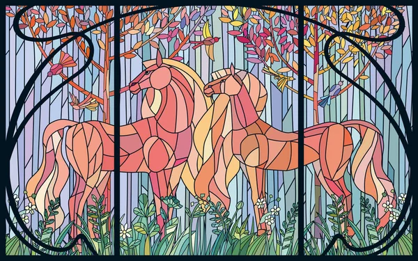 Buntglaspferde Mit Farbflecken Rahmen Des Jugendstils Farbiges Glas Imitieren — Stockvektor