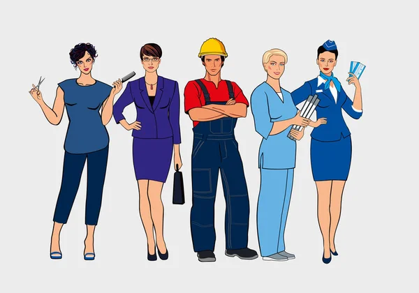 Ensemble Professions Différentes Coiffeur Femme Affaires Constructeur Infirmière Hôtesse Air — Image vectorielle