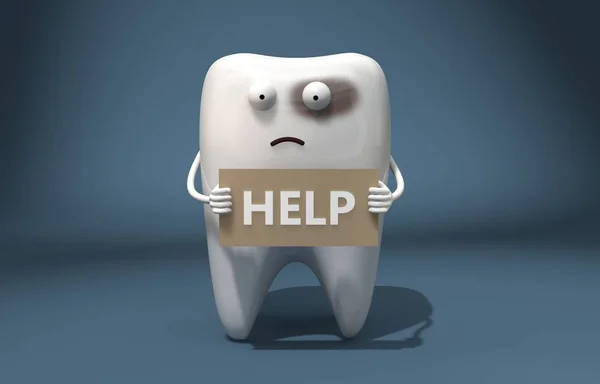 Illustration Sad Sick Tooth Holds Sign Saying Help Funny Characters — Stock Photo, Image