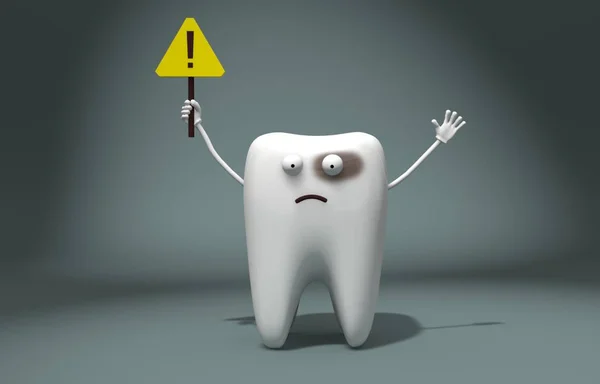 Ilustrace Nemocný Zub Vykřičníkem Přitahuje Pozornost Zábavné Znaky — Stock fotografie