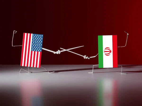 A duel with swords between paper flags of the USA and Iran. Allegory of political confrontation