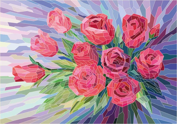 ステンドグラスの花ライラックの背景に美しい赤いバラ フルカラーベクトルグラフィックス — ストックベクタ