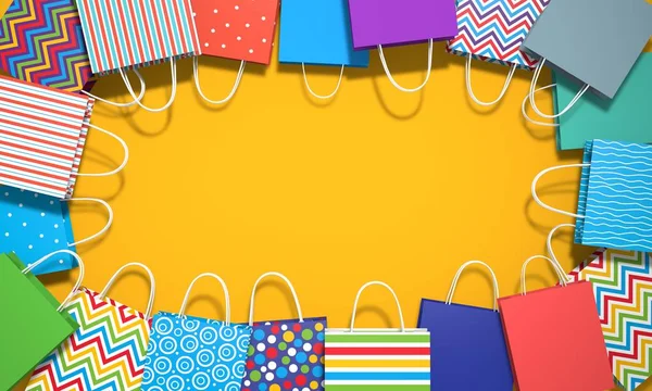 3d illustration Various colored bags on yellow background. Mockup template for store advertising layout