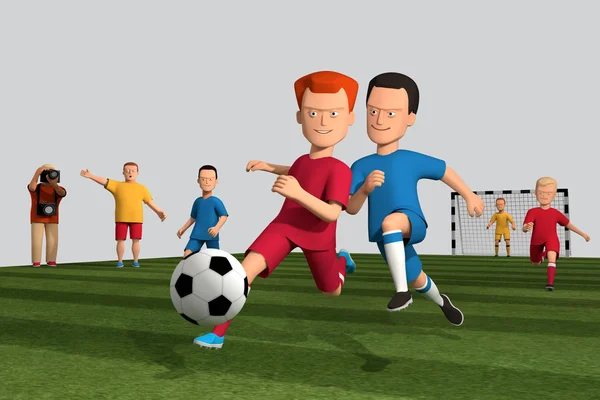 Иллюстрация Мальчиков Футболисты Бегают Мячом Зеленом Футбольном Поле Изолировать Моделирование — стоковое фото